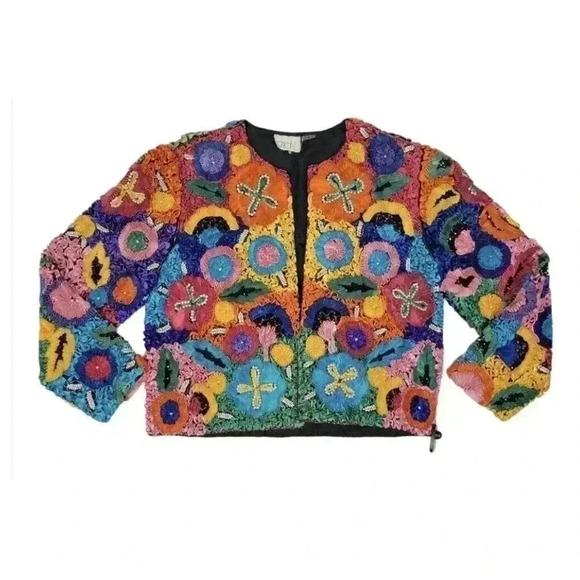 Vintage Silk Ribbon Boxy Bolero Jacket 90s Bead Embellished Flower Pearl Rainbow - Picture 2 of 14